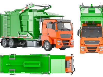 Orange garbage truck with green waste container from three views.