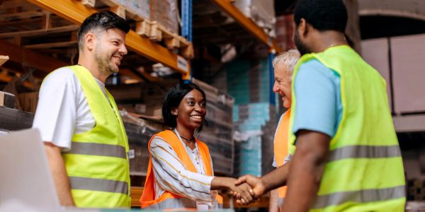 Warehouse workers shaking hands and smiling.