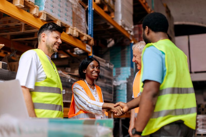 Two warehouse employees standing in an industrial storage area with their colleagues, shaking hands in a friendly and professional manner