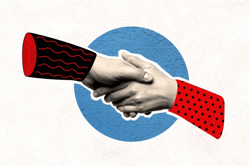 Handshake between two partners. Art collage.