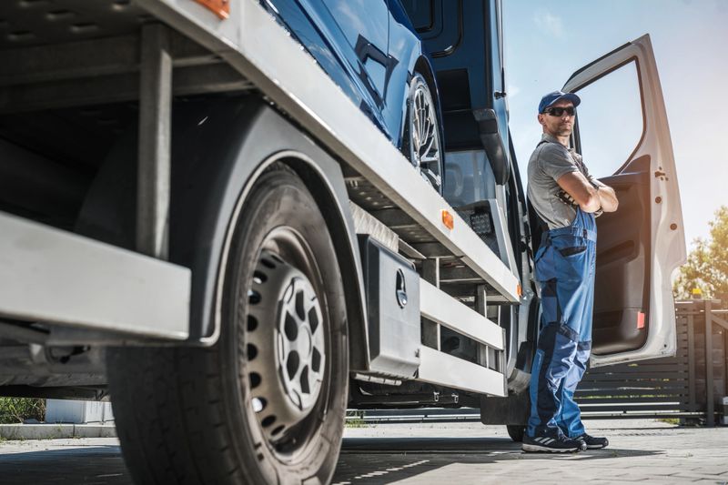 A transport worker stands next to an open truck door, ready to load a vehicle onto the trailer at a logistics site during the day.