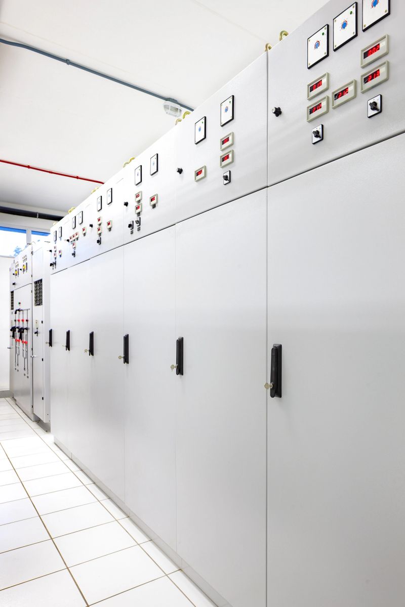 An electrical switchgear room at a substation, showcasing rows of control panels and essential power infrastructure.