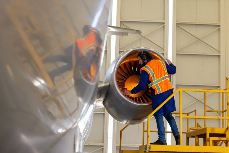 Aviation engineer checking one of the engines of a commercial airplane
