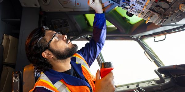 Man in safety vest inspecting airplane cockpit controls with flashlight.