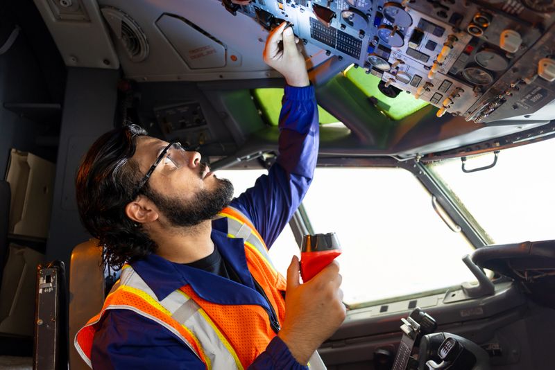 Male engineer checking the instrument panel in the airplane cockpit
