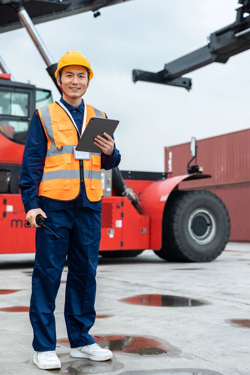 Male shipping control engineer standing in front of cargo container.On-time delivery and Customer Satisfaction of the key. Freight forwarder business concept. Outdoor working operating and control shipment at loading dock.