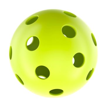 A bright yellow plastic ball with multiple holes all around it.