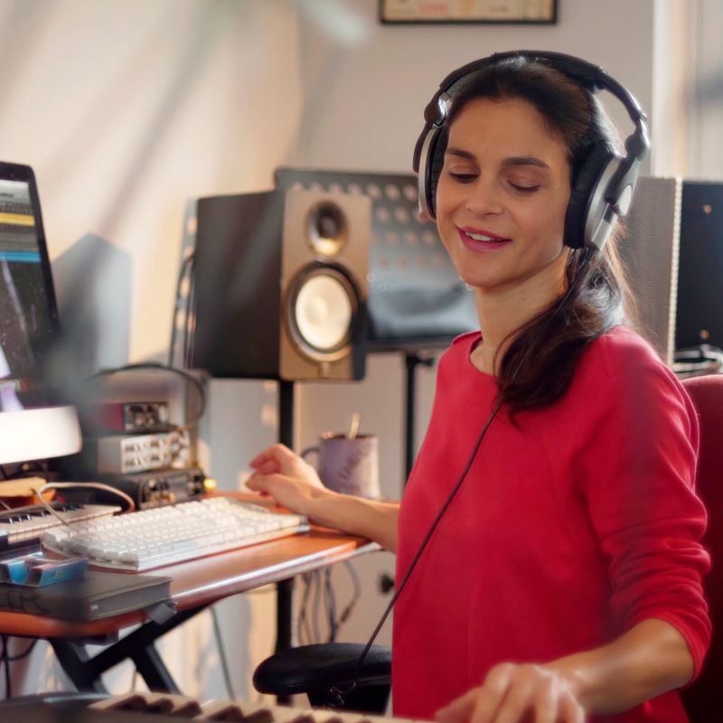 Stock photograph of a good looking Hispanic woman composing music in her private home studio. She is using a computer & music keyboard to compose and is surrounded by musicians’ equipment.