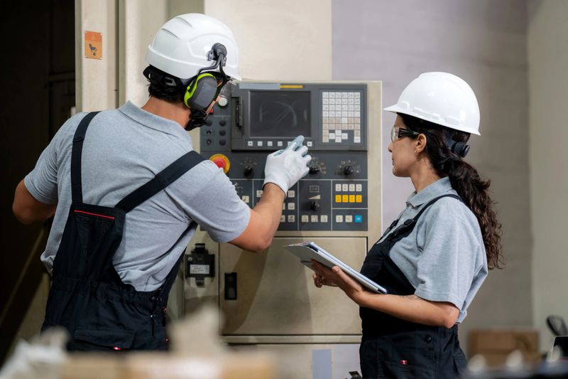 A senior mechanical engineer sets parameters on a CNC control panel while guiding a female teammate through the setup process. This image captures real-time collaboration, technical expertise, and the dynamic role of leadership in engineering.