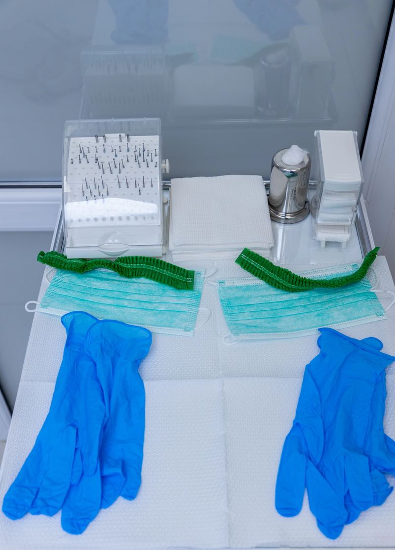 The image features an organized array of medical supplies including blue gloves, green masks, and various sterile instruments laid out for clinical procedures or examinations.
