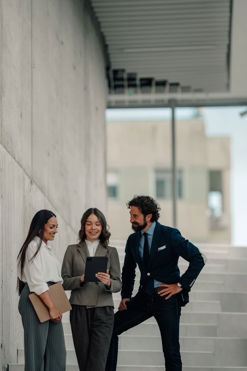 Business team reviewing project updates on a digital tablet, fostering collaboration and efficiency in a modern office environment