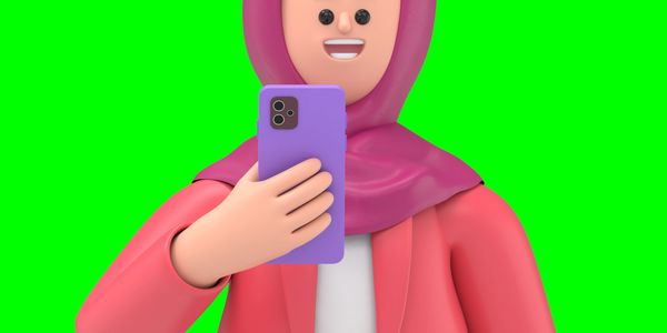 3D cartoon woman in hijab holding a smartphone and smiling.