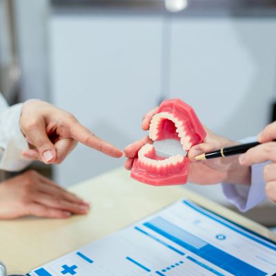 Dentist showing dental model to a patient.
