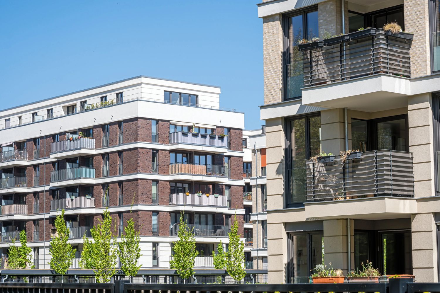 Midrise apartment buildings.