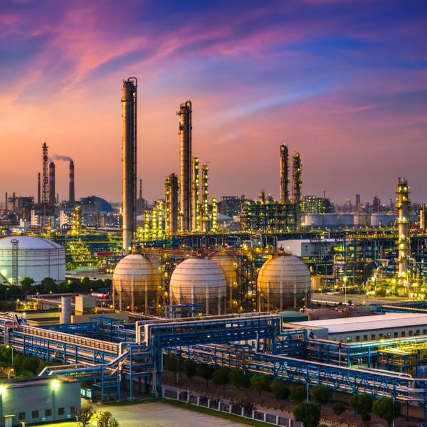 An industrial refinery complex illuminated at sunset with vibrant sky colors.