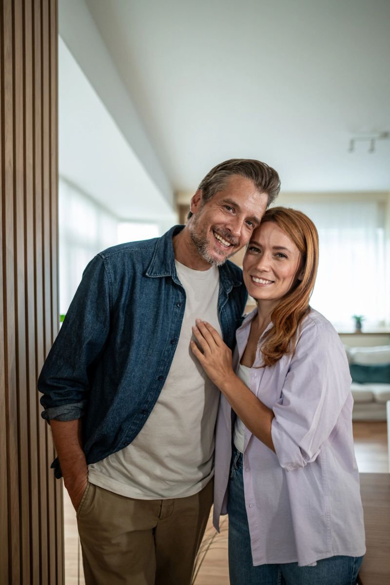 Portrait capturing a cheerful mid-adult couple smiling and embracing each other while enjoying the warmth and brightness of their modern home, radiating happiness and love