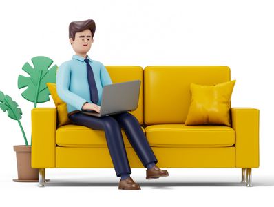 3D illustration of a man working on a laptop while sitting on a yellow sofa.