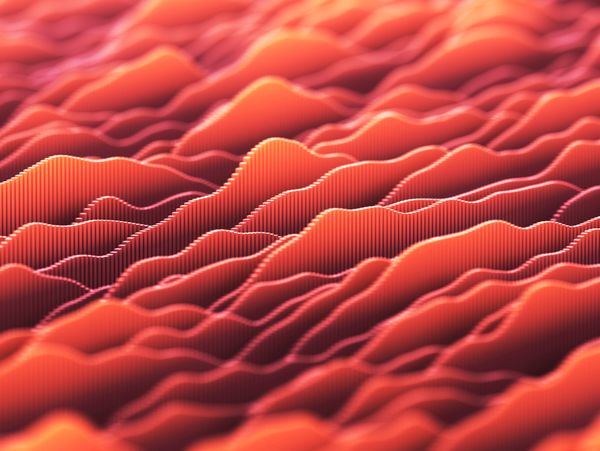 Abstract red-orange waveforms with vertical lines creating a 3D effect.
