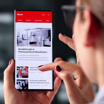 Person reading news on smartphone about pharmaceutical advancements and industry updates.