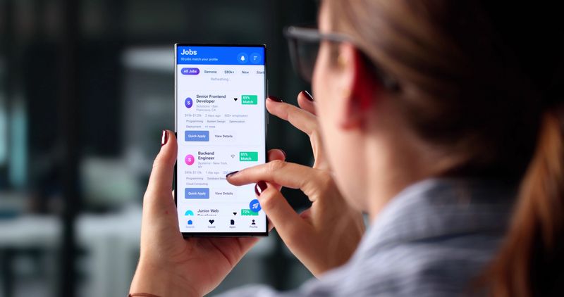 Woman Using Smartphone To Browse Job Opportunities On Employment Website.