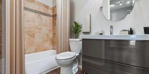 Modern bathroom with beige tiles, a white toilet, and a sleek gray vanity.