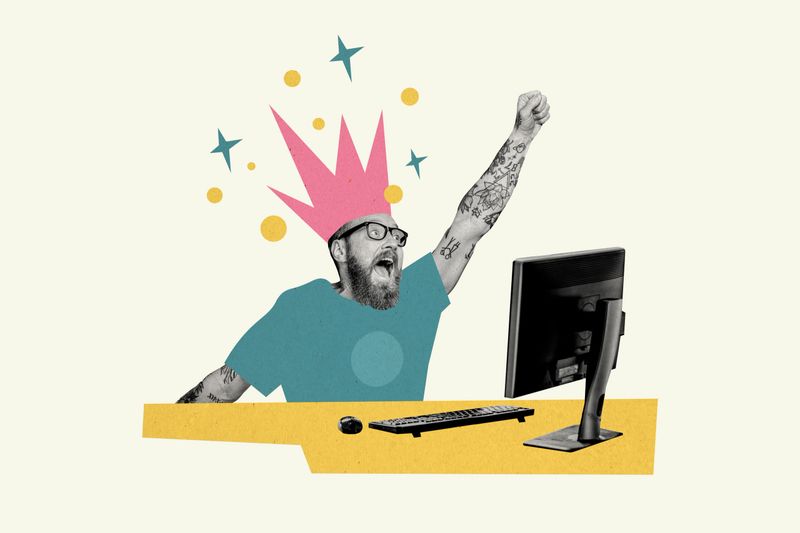 Composite trend artwork sketch image photo collage of laptop monitor copyspace office manager young guy hipster think mind fist up success.