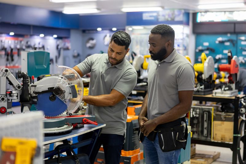 Latin American business manager training a new employee and showing him a machine at a hardware store