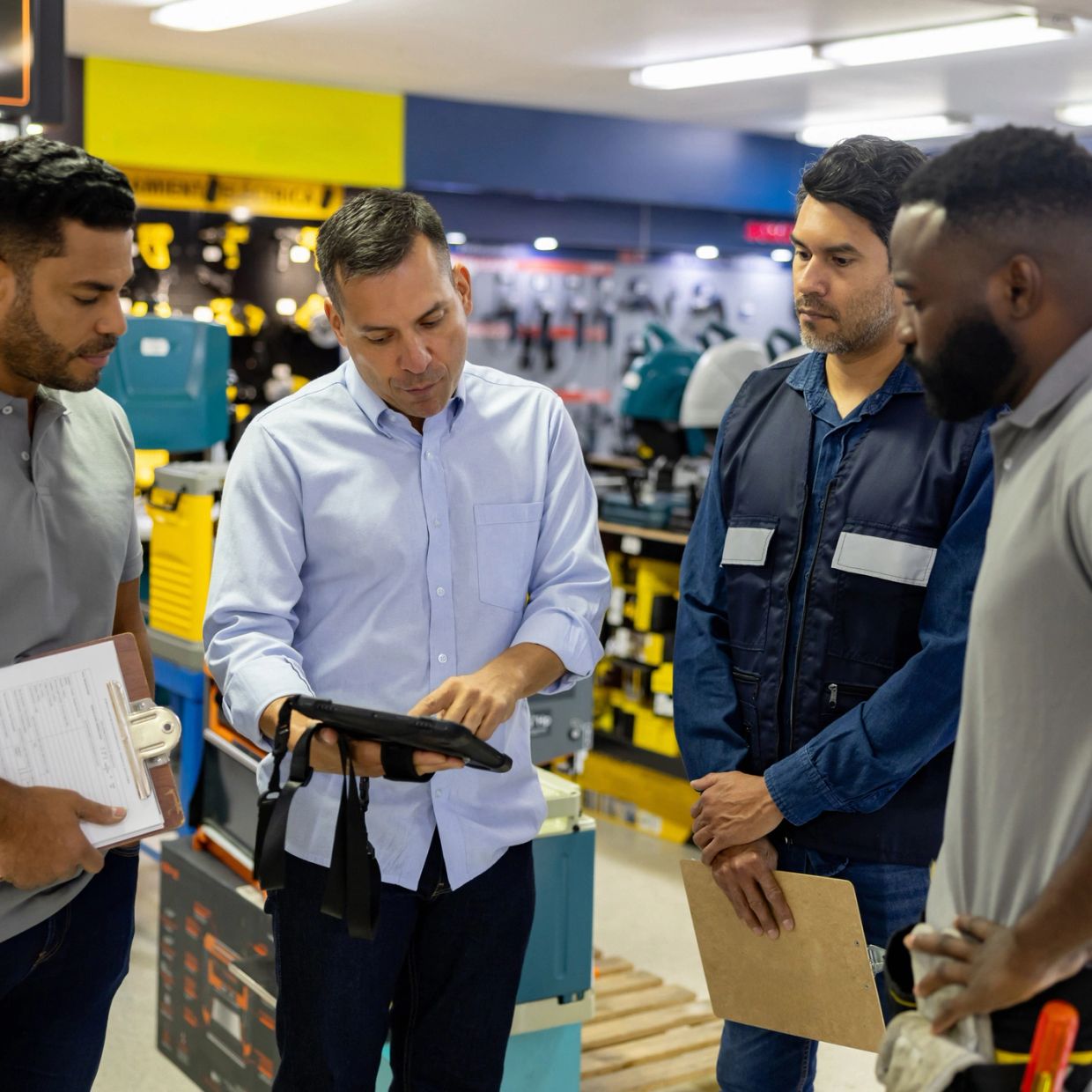 Group of workers discussing with a tablet in a workshop.