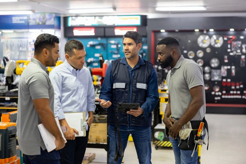 Business manager talking to a group of employees in a staff meeting while working at a hardware store