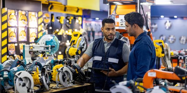 Two men discussing power saws in a hardware store.