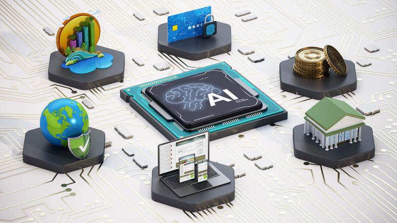 Illustrates the influence of artificial intelligence across sectors like finance, environment, and technology. Elements represent innovation, security, and economic growth in a digital landscape. Fintech concept