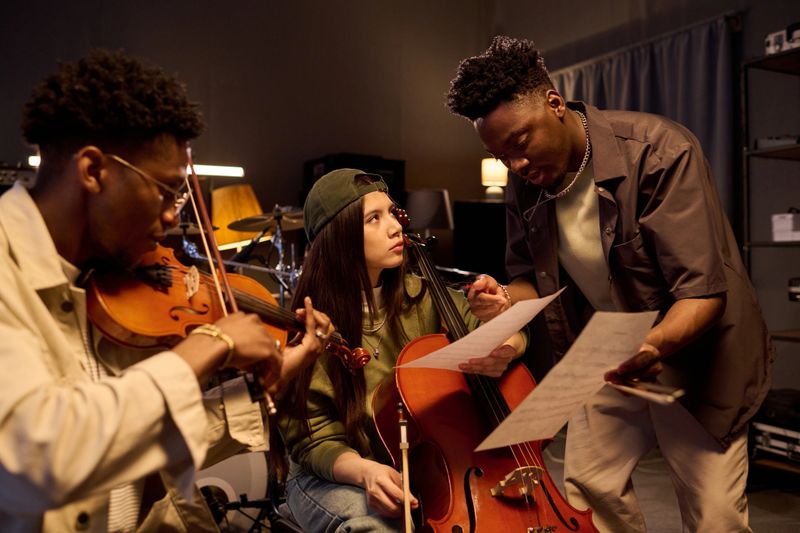 Black young adult man showing sheet music to Hispanic girl playing cello while Black young adult man playing violin nearby, group practicing together in music studio