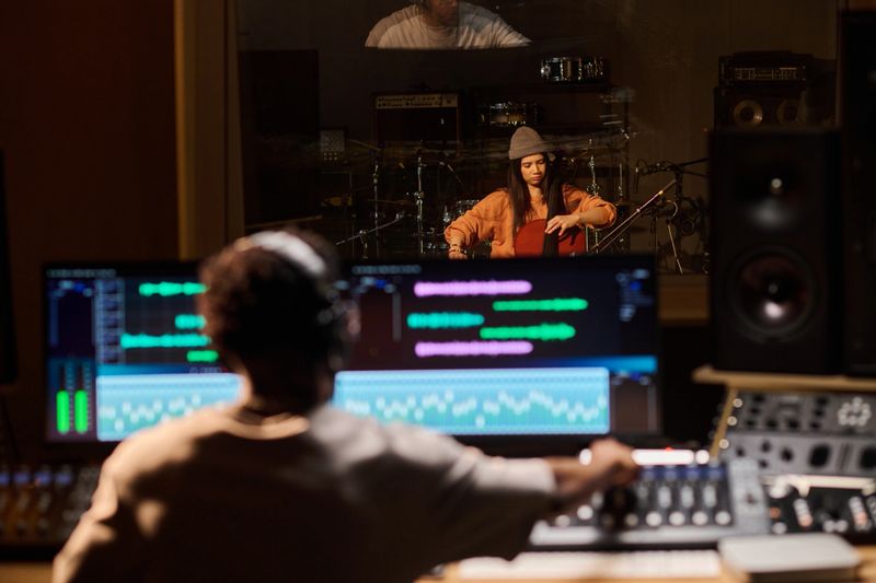 Young adult Latin woman playing cello in recording studio while Black man operating audio mixing console in control room, music production process visible through glass window