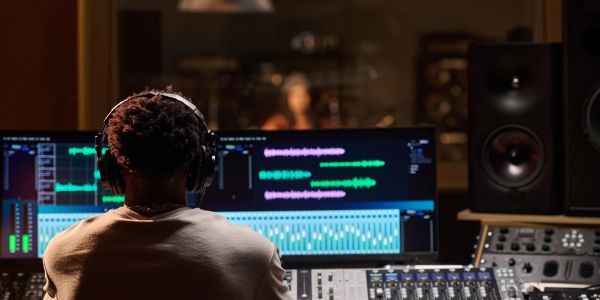 Person working on music production in a studio.