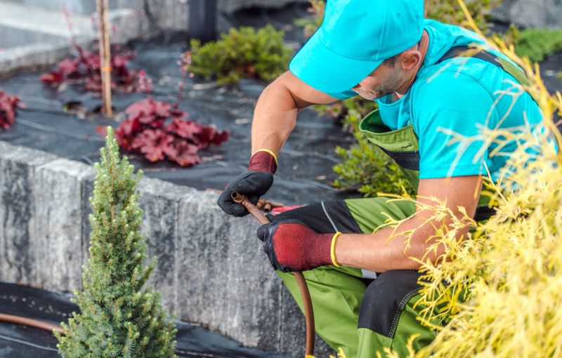 A gardener wears gloves and a cap while fixing an irrigation hose among flowering plants in a well-maintained garden. The bright sunlight enhances the lush greenery.