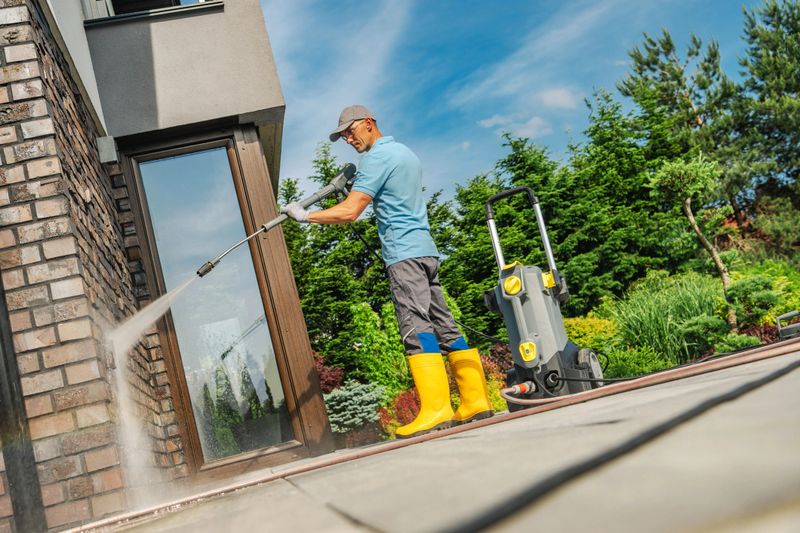 A man in yellow boots uses a pressure washer to clean the exterior walls of a home on a sunny day, surrounded by greenery and a clear blue sky.