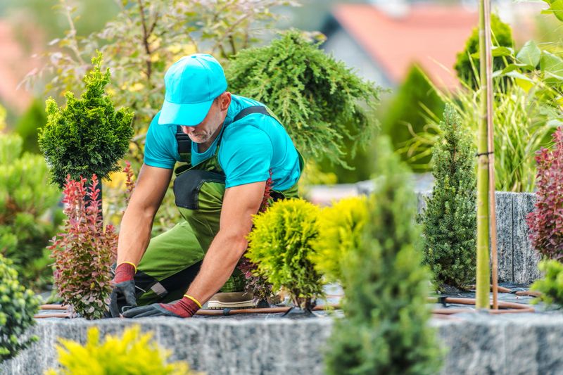 A hardworking gardener is carefully tending to various plants in a beautifully arranged garden under a clear sky. The setting is vibrant and lush.