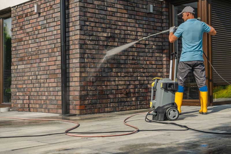 A man in yellow boots and gloves operates a pressure washer, cleaning a brick wall of a contemporary house while standing on a paved surface under clear skies.