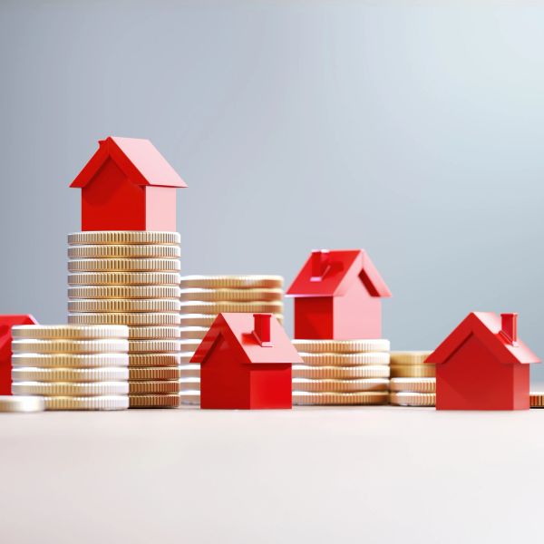 Red house models on stacks of gold coins.