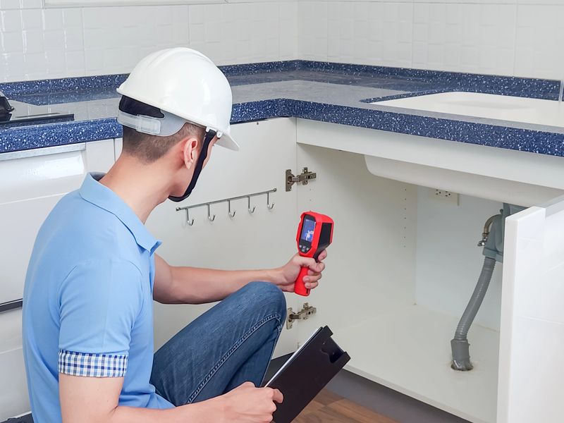 asian male home inspector is using thermal imager to check water leakage situation at kitchen sink tube