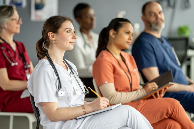 Healthcare professionals in diverse uniforms and stethoscopes participate in an educational session, taking notes and engaging actively, set in a bright and contemporary clinical environment.