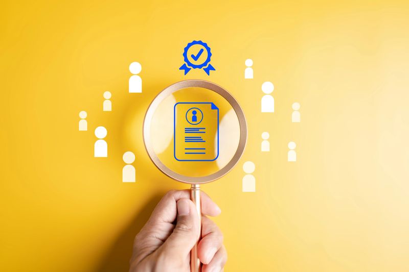 Quality certificate and new career recruitment with resume in magnifying glass, representing candidate selection, HR process, and professional qualification.