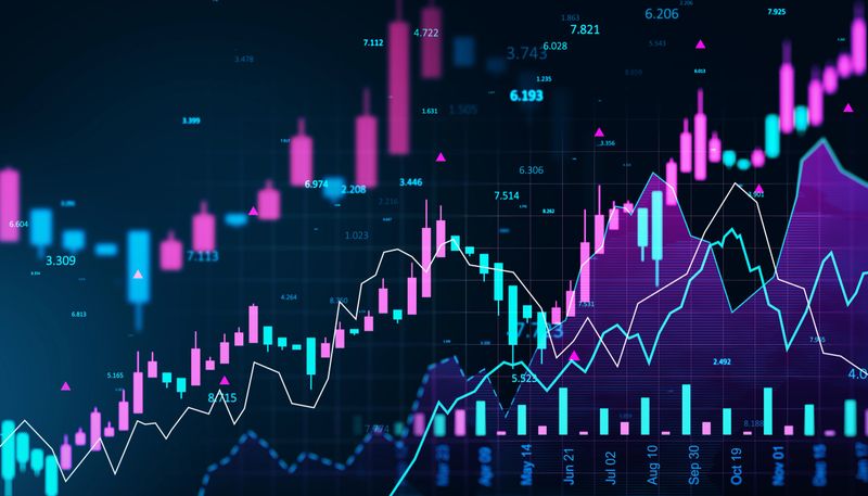 Neon blue and pink candlestick chart with financial data, glowing textures and digital interface on a dark screen background, concept of market analysis. 3D Rendering