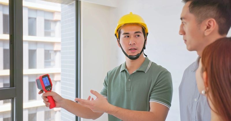 closeup asian home inspector use thermal imager to check for window leaks and explains the findings to a young couple