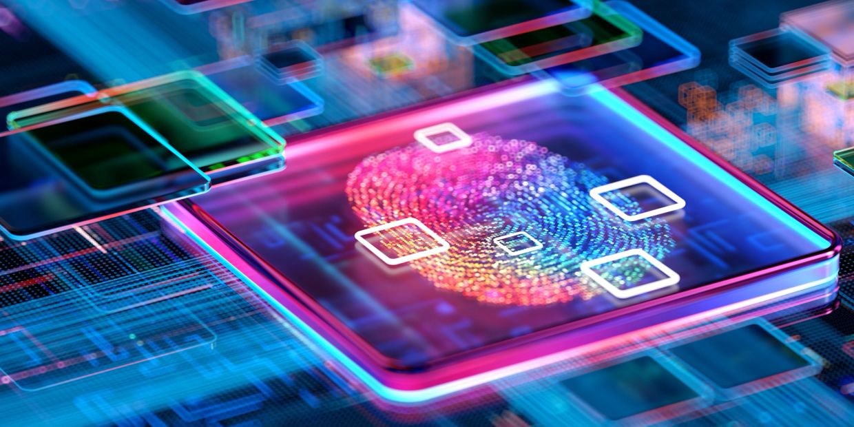 Colorful digital fingerprint on a futuristic circuit board.
