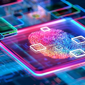 Colorful digital fingerprint on a glowing microchip representing biometric security.