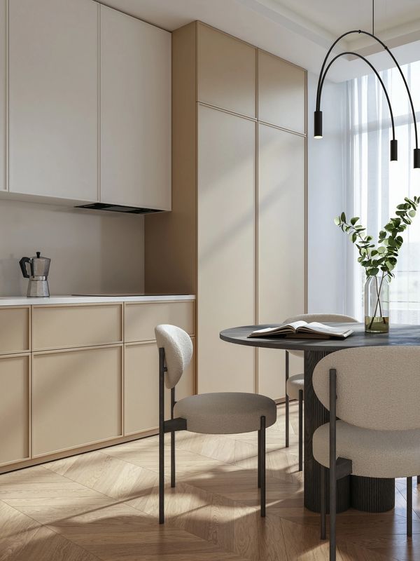 Modern kitchen dining area with minimalist design.