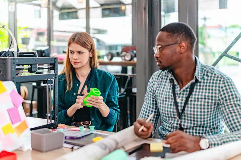 A diverse team of startup professionals collaborates on a 3D printing project in a modern workspace. Highlighting innovation, teamwork, and the prototyping process in a creative tech environment.