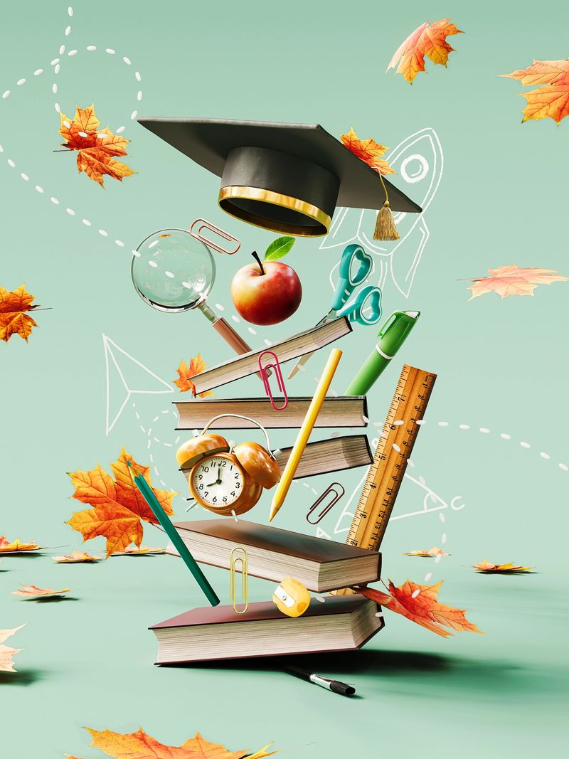 Apple with autumn leaves and school accessories on turquoise blue background. Ready for school concept design. 3D Rendering, 3D Illustration