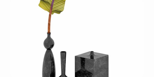 Minimalist black stone vases with a green leaf accent.
